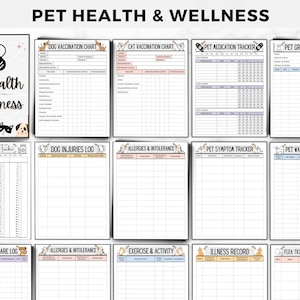 May include: Printable pet health and wellness log sheets with headings for medication, dog injuries, allergies, pet symptoms, walking, dental care, exercise, illness, and flea and tick control.