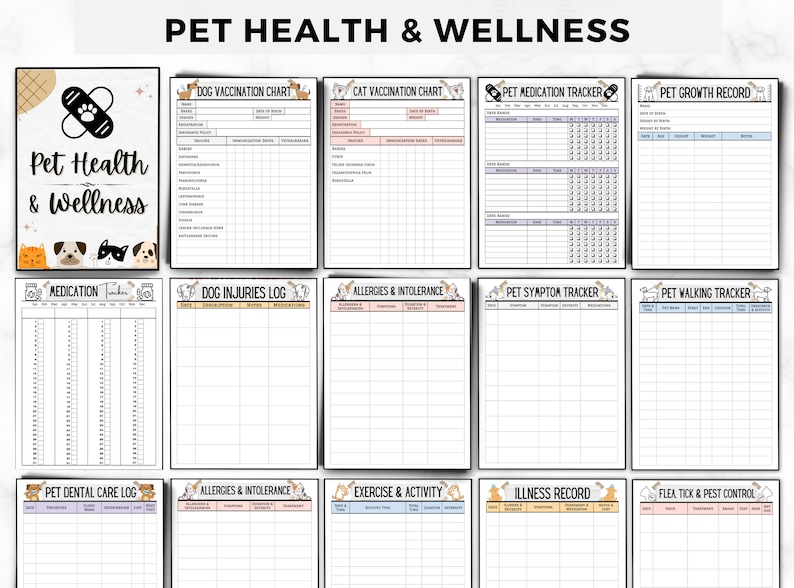 May include: Printable pet health and wellness log sheets with headings for medication, dog injuries, allergies, pet symptoms, walking, dental care, exercise, illness, and flea and tick control.