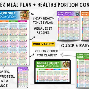May include: A 4-week kidney-friendly meal plan with healthy portion control. The plan includes a 7-day ready-to-use plan with renal diet recipes. The plan is color-coded for clarity and includes calories, carbs, protein, and fat at a glance.