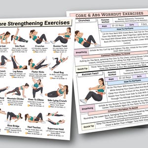 Puede incluir: Dos tablas de ejercicios con ilustraciones e instrucciones para ejercicios de fortalecimiento del core y abdominales. Las tablas incluyen ejercicios como planchas, abdominales y giros rusos, con detalles sobre repeticiones y series. El texto incluye "Core Strengthening Exercises" y "Core & Abs Workout Exercises".