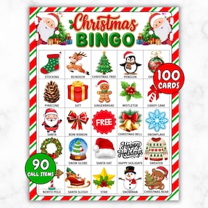May include: A Christmas Bingo game card with a red and green border. The card features festive illustrations like Santa, a Christmas tree, and a snowman. Text includes "Christmas Bingo", "100 Cards", "90 Call Items", and holiday-themed words.