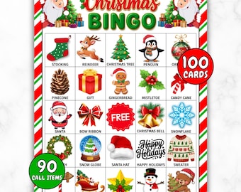 Bingo di Natale, 100 cartelle del bingo di Natale, giochi di Natale, attività natalizie per bambini, gioco per feste di Natale, attività di classe di Natale