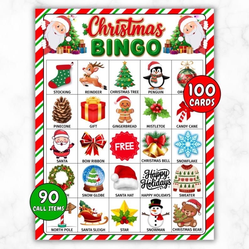 May include: A Christmas Bingo game card with a red and green border. The card features festive illustrations like Santa, a Christmas tree, and a snowman. Text includes "Christmas Bingo", "100 Cards", "90 Call Items", and holiday-themed words.