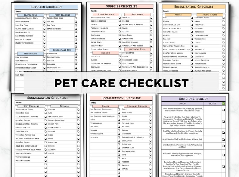 May include: A printable pet care checklist with sections for supplies, socialisation, training, and diet. The checklist includes a variety of items, such as food, toys, grooming tools, and training aids. The checklist is designed to help pet owners keep track of their pet's needs.