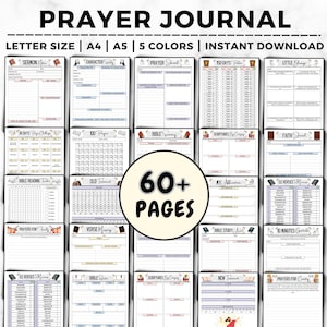 May include: A printable prayer journal with 60+ pages, featuring various sections for prayer, scripture study, and reflection. The journal is available in letter, A4, and A5 sizes and comes in 5 colors.