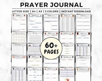 May include: A printable prayer journal with 60+ pages, featuring various sections for prayer, scripture study, and reflection. The journal is available in letter, A4, and A5 sizes and comes in 5 colours.