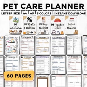 Pet Care Planner, Pet Health Record, Pet Medical Planner, Pet Checklists, Pet Worksheets, Vaccination Record, Pet Sitter Notes, Pet Binder