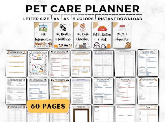 Pet Care Planner, Pet Health Record, Pet Medical Planner, Pet Checklists, Pet Worksheets, Vaccination Record, Pet Sitter Notes, Pet Binder