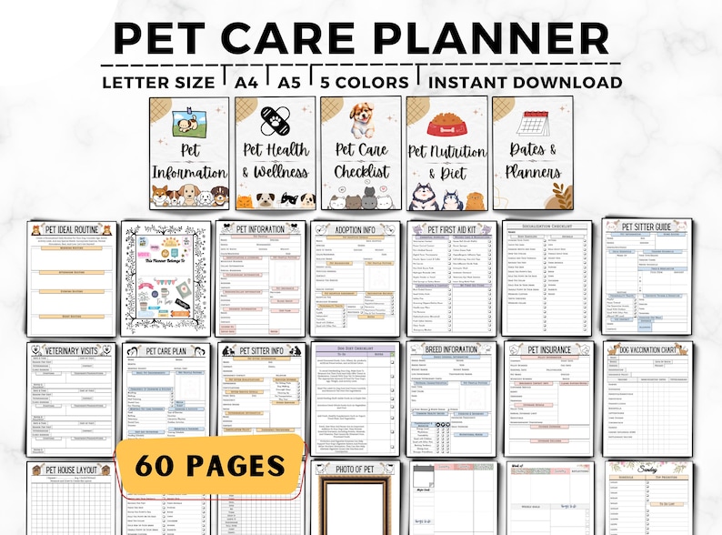 May include: A printable pet care planner with 60 pages, featuring sections for pet information, health, care, nutrition, dates and planners, veterinary visits, pet care plan, pet sitter info, breed information, pet insurance, and dog vaccination chart. The planner is available in letter size, A4, and A5, and in 5 colours.