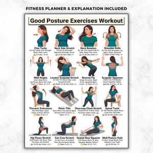 May include: A fitness planner with a white background, featuring illustrations of various exercises for good posture. The text "Good Posture Exercises Workout" is displayed prominently, with instructions for each exercise.