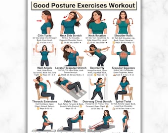 Good Posture Exercises Chart, Back Neck Workout Improve Poster, Home Office Desk Stretches, Fix Rounded Shoulders Tech Neck Correction PDF