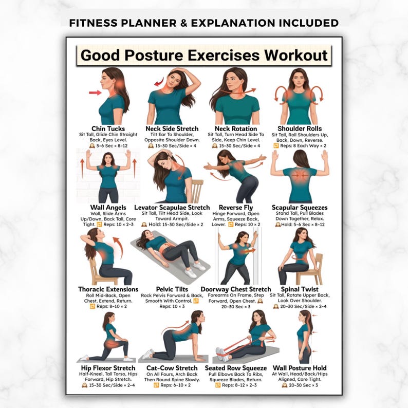 Posture Support Instructions.pdf Good Posture Exercises Chart, Back Neck Workout Improve Poster, Home ...