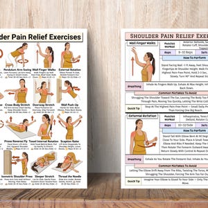 May include: Two posters with illustrations and text detailing shoulder pain relief exercises. The posters show various exercises with instructions, including wall finger walks, external rotation, and arm circles. The text includes exercise names and how-to instructions.
