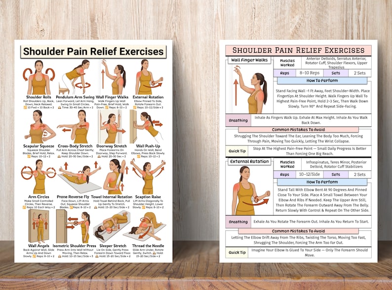 May include: Two posters with illustrations and text detailing shoulder pain relief exercises. The posters show various exercises with instructions, including wall finger walks, external rotation, and arm circles. The text includes exercise names and how-to instructions.