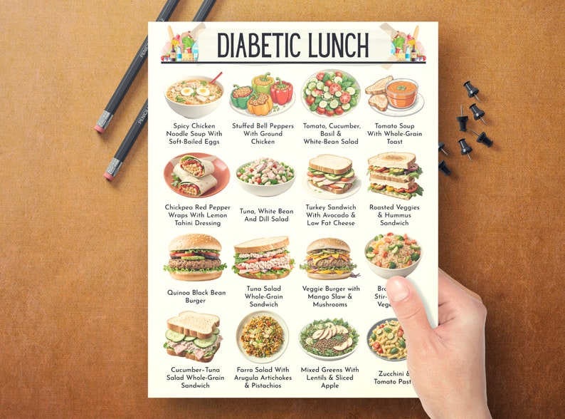 May include: A colorful chart with illustrations of 12 different diabetic lunch ideas. The chart is titled "Diabetic Lunch" and includes options like Spicy Chicken Noodle Soup, Stuffed Bell Peppers, Tomato, Cucumber, Basil & White-Bean Salad, Tomato Soup with Whole-Grain Toast, Chickpea Red Pepper Wraps, Tuna, White Bean and Dill Salad, Turkey Sandwich with Avocado & Low Fat Cheese, Roasted Veggies & Hummus Sandwich, Quinoa Black Bean Burger, Tuna Salad Whole-Grain Sandwich, Veggie Burger with Mango Slaw & Mushrooms, Cucumber-Tuna Salad Whole-Grain Sandwich, Farro Salad with Arugula Artichokes & Pistachios, Mixed Greens with Lentils & Sliced Apple, and Zucchini & Tomato Pasta.
