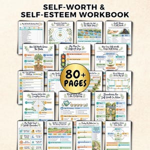 May include: A self-worth and self-esteem workbook featuring over 80 pages of printable worksheets. The collection includes various activity sheets with titles like My Self-Worth Starting Point, How Self-Worth Grows, and Boundaries Are Self-Worth In Action, all decorated with botanical illustrations.