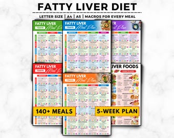 May include: A collection of colorful meal plan charts for a fatty liver diet. The charts include the text "FATTY LIVER DIET" and "Meal Plan" with options for 7 days and a 5-week plan. The charts also include "140+ MEALS" and "MACROS FOR EVERY MEAL".