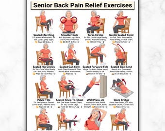 Back Pain Relief Exercises For Seniors, Lower Back Workout For Seniors, Chair Yoga Poster for Older Men, No Equipment Seated Exercise Chart