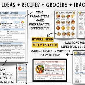May include: A digital meal planning and recipe tracking system featuring printable sheets for high-protein lunches and dinners, grocery lists, and nutritional information. The layout includes numbered instructions, ingredient checklists, and meal photos.