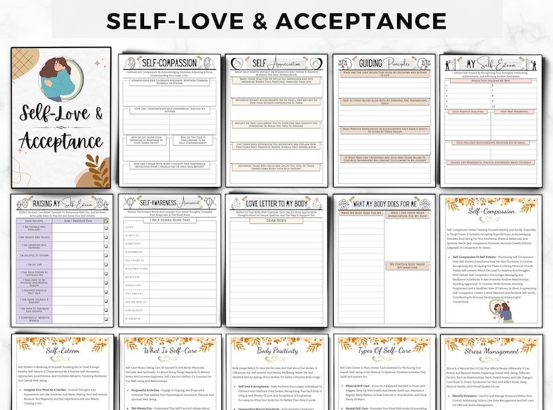 Puede incluir: Un cuaderno de trabajo imprimible con un dise&ntilde;o floral y el t&iacute;tulo "Amor propio y aceptaci&oacute;n". El cuaderno incluye secciones sobre la compasi&oacute;n hacia uno mismo, la conciencia de s&iacute; mismo, el aumento de la autoestima, una carta de amor a tu cuerpo, lo que tu cuerpo hace por ti, la positividad corporal, los tipos de autocuidado y la gesti&oacute;n del estr&eacute;s.