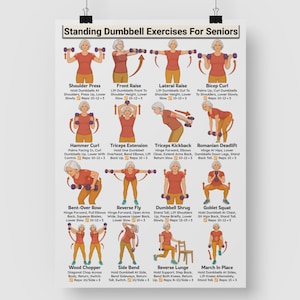 May include: A white instructional poster titled Standing Dumbbell Exercises For Seniors featuring sixteen illustrations of a person in a red shirt and yellow trousers performing various weightlifting movements with small purple dumbbells and text.