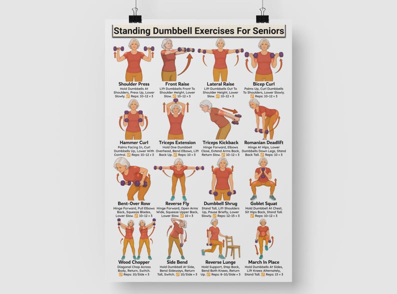 May include: A white instructional poster titled Standing Dumbbell Exercises For Seniors featuring sixteen illustrations of a person in a red shirt and yellow trousers performing various weightlifting movements with small purple dumbbells and text.