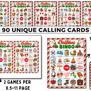 May include: Christmas Bingo game set with multiple cards. The set includes 90 unique calling cards, with options for 1 game per 8.5x11 inch page and 2 games per 8.5x11 inch page. A mobile version is also shown.