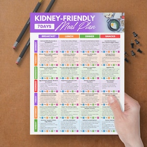 May include: A colorful, printed meal plan titled "Kidney-Friendly Meal Plan" with a 7-day format. The plan is held by a hand and includes sections for breakfast, lunch, dinner, and snacks. Two pencils and push pins are on the brown surface.