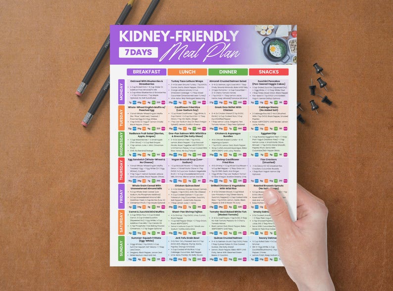 May include: A colorful, printed meal plan titled "Kidney-Friendly Meal Plan" with a 7-day format. The plan is held by a hand and includes sections for breakfast, lunch, dinner, and snacks. Two pencils and push pins are on the brown surface.