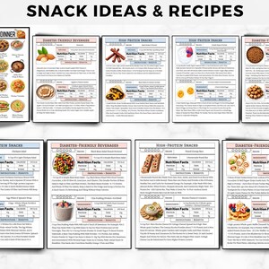 May include: A collection of informational cards titled SNACK IDEAS & RECIPES, featuring high-protein dinner options, diabetes-friendly beverages, and various snack recipes with nutritional facts, ingredient lists, and preparation instructions.