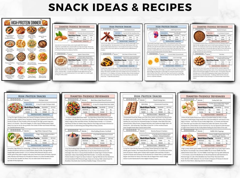 May include: A collection of informational cards titled SNACK IDEAS & RECIPES, featuring high-protein dinner options, diabetes-friendly beverages, and various snack recipes with nutritional facts, ingredient lists, and preparation instructions.