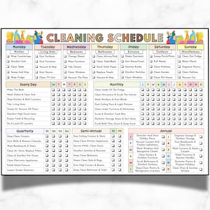 May include: A printable cleaning schedule checklist with a colourful design. The checklist includes daily, weekly, monthly, quarterly, semi-annual, and annual cleaning tasks. The tasks are organised by room and frequency.