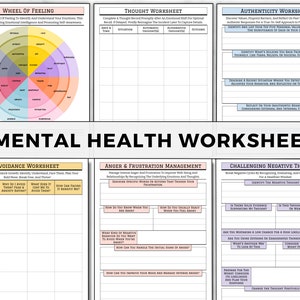 May include: A printable mental health worksheet with sections for managing anger and frustration, challenging negative thoughts, and practicing authenticity. The worksheet includes prompts and exercises to help with self-awareness and emotional regulation.