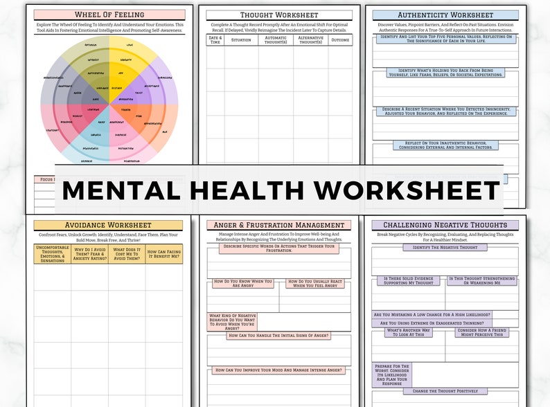 May include: A printable mental health worksheet with sections for managing anger and frustration, challenging negative thoughts, and practicing authenticity. The worksheet includes prompts and exercises to help with self-awareness and emotional regulation.