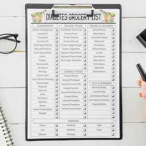 May include: A black and white printable grocery list for people with diabetes. The list is divided into categories such as condiments, frozen foods, beans and legumes, canned foods, oils and spreads, and seafood. Each item on the list has a checkbox next to it.