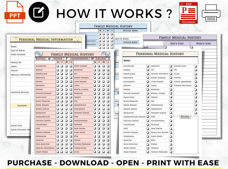 May include: A printable family medical history chart with sections for mother, father, grandparents, siblings, and self. The chart includes a list of common medical conditions and allows you to check off if a family member has been diagnosed with each condition.