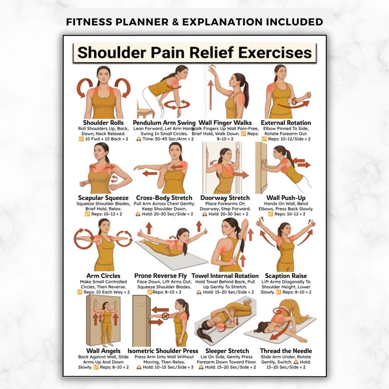 May include: A white poster with the title "Shoulder Pain Relief Exercises" and illustrations of various exercises. The poster includes instructions for each exercise, such as Shoulder Rolls, Pendulum Arm Swing, and Wall Finger Walks, designed to alleviate shoulder pain.