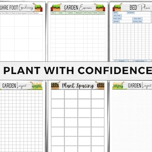 K&ouml;nnte beinhalten: Druckbare Gartenplanungsbl&auml;tter mit den Titeln "Square Foot Gardening", "Garten Ausgaben", "Bett Plan", "Garten Layout", "Pflanzenabstand" und "Garten Layout".