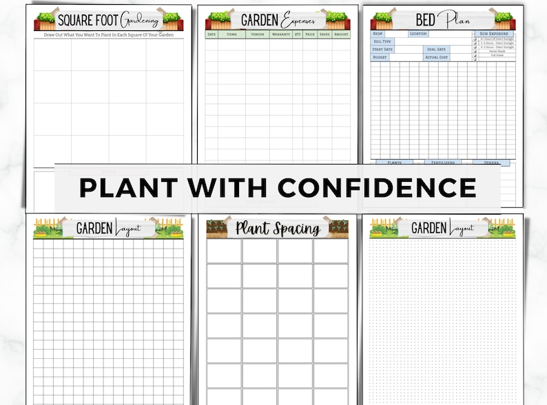 K&ouml;nnte beinhalten: Druckbare Gartenplanungsbl&auml;tter mit den Titeln "Square Foot Gardening", "Garten Ausgaben", "Bett Plan", "Garten Layout", "Pflanzenabstand" und "Garten Layout".