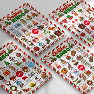 May include: Four Christmas Bingo cards with festive illustrations and the text "Christmas BINGO." Each card features a red and green striped border and a Santa Claus graphic. The bingo cards are filled with holiday-themed images.