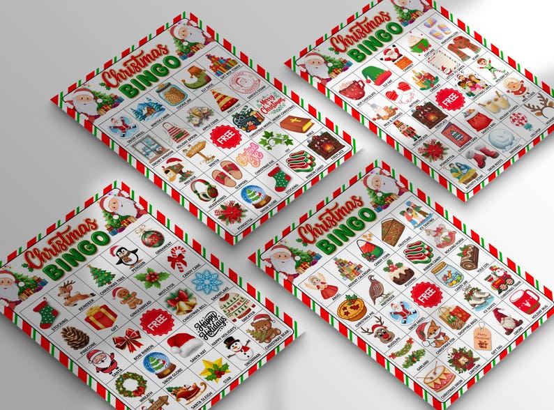 May include: Four Christmas Bingo cards with festive illustrations and the text "Christmas BINGO." Each card features a red and green striped border and a Santa Claus graphic. The bingo cards are filled with holiday-themed images.