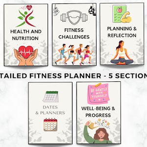 May include: A printable fitness planner with five sections: Health and Nutrition, Fitness Challenges, Planning and Reflection, Dates and Planners, and Well-being and Progress. Each section has a colorful illustration and text.