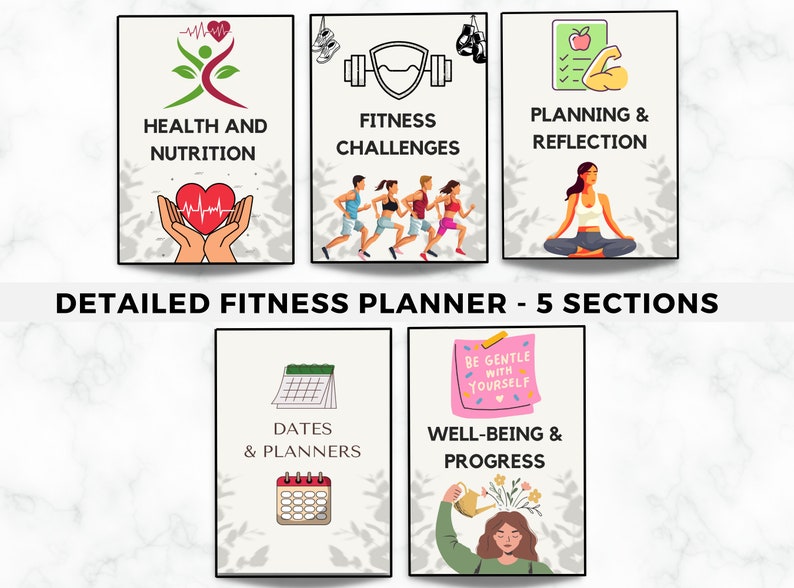 May include: A printable fitness planner with five sections: Health and Nutrition, Fitness Challenges, Planning and Reflection, Dates and Planners, and Well-being and Progress. Each section has a colorful illustration and text.