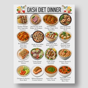 Puede incluir: Un p&oacute;ster titulado "DASH DIET DINNER" muestra 16 ilustraciones coloridas de opciones de comidas saludables. Los platos incluyen brochetas de pollo, at&uacute;n sellado, pollo asado con hierbas, camarones a la parrilla, pollo estofado y un salteado griego. El p&oacute;ster est&aacute; sobre fondo blanco.