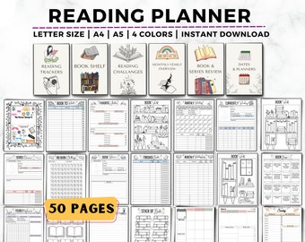 Reading Journal Printable, Book Reading Planner, Reading Challenge, Book Review, Book Shelf, Monthly Reading Journal, Reading Tracker Bundle