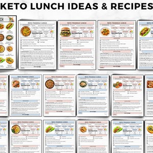 May include: A collection of Keto-Friendly Lunch recipes and ideas. The image features a variety of recipes, including burgers, pizza, and wraps, with nutritional information and ingredient lists. The title "Keto Lunch Ideas & Recipes" is displayed at the top.