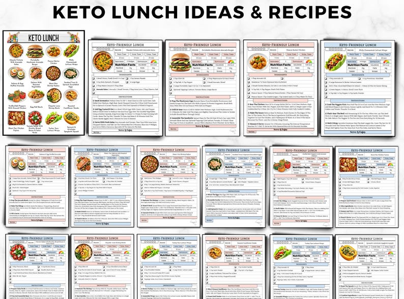 May include: A collection of Keto-Friendly Lunch recipes and ideas. The image features a variety of recipes, including burgers, pizza, and wraps, with nutritional information and ingredient lists. The title "Keto Lunch Ideas & Recipes" is displayed at the top.