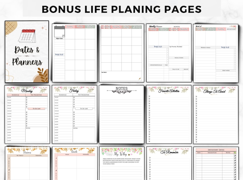 Op de afbeelding: Een verzameling plannerpagina's met de tekst "Dates & Planners" en "Bonus Life Planning Pages". De pagina's bevatten secties voor hoofddoelen, wekelijkse en dagelijkse planning, notities, favoriete activiteiten en belangrijke data. Er zijn bloemen en geometrische designelementen aanwezig.