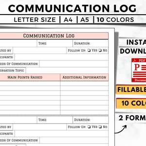 Könnte beinhalten: Eine druckbare Kommunikations-Log-Vorlage im PDF-Format. Die Vorlage enthält Abschnitte für Datum, Uhrzeit, Initiator, Teilnehmer, Kommunikationsmethoden, Gesprächsthema, Hauptpunkte und zusätzliche Informationen. Die Vorlage ist in 10 Farben und 2 Formaten verfügbar.