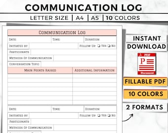 Communication Log Printable, Contact Tracker (Fillable PDF)